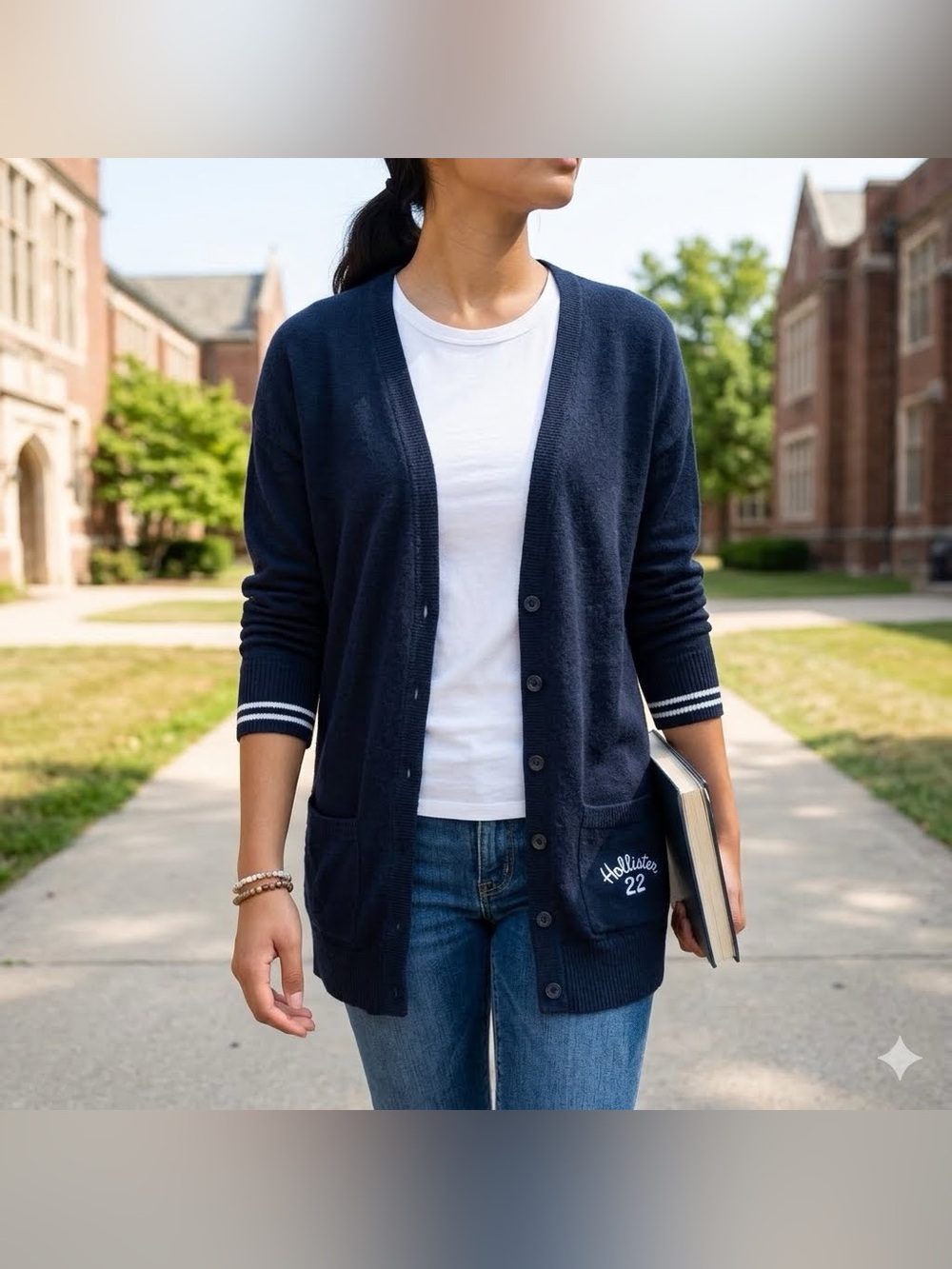 Hollister Co. Navy Blue Varsity Knit Button Front Cardigan Sweater Small
